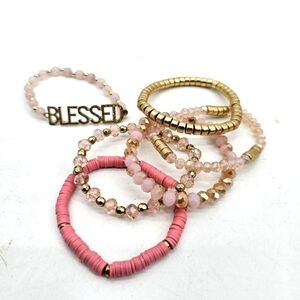 Blessed Pink & Gold Toned Beaded Bracelet Stack Bundle